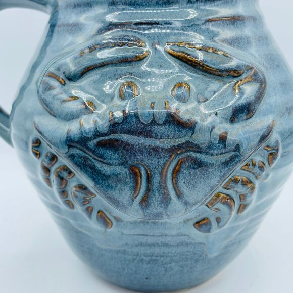 Large Glazed Hand Crafted Ribbed Pottery Pitcher w/ CRAB Blue Green - Picture 3 of 10